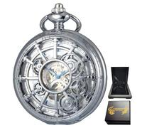 DerMacht Mechanical Pocket Watch, for Men Women Special Magnifier Half Hunter Engraved Case Roman Numerals with Chain, Fc. Silver White + Wooden Box