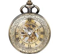 DerMacht Mechanical Pocket Watch, for Men Women Special Magnifier Half Hunter Engraved Case Roman Numerals with Chain, Aa. Bronze Black
