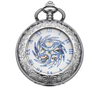 DerMacht Mechanical Pocket Watch, for Men Women Special Magnifier Half Hunter Engraved Case Roman Numerals with Chain, Bb.Sun-God-Bird, Silver Blue