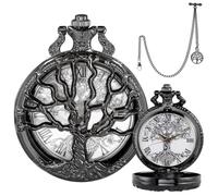 DerMacht Pocket Watch Hollow Tree Design Roman Numerals Quartz Black Analog with Pendant & 2 Chains, T bar Chain