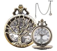 DerMacht Pocket Watch Hollow Tree Design Roman Numerals Quartz Bronze Analog with Pendant & 2 Chains, T bar Chain