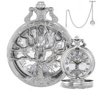DerMacht Pocket Watch Hollow Tree Design Roman Numerals Quartz Silver Analog with Pendant & 2 Chains, T bar Chain