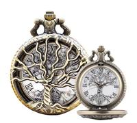DerMacht Pocket Watch Hollow Tree Design Roman Numerals Quartz with Chain, Aa. Bronze, Vintage