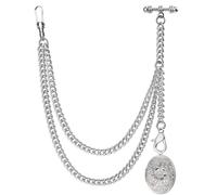 DerMacht Single Albert Pocket Watch Chain T-Bar with Elegant Locket Pendant Silver