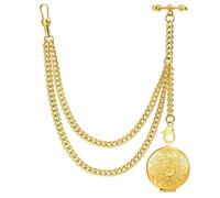 DerMacht Single Albert Pocket Watch Chain T-Bar with Elegant Round Locket Gold