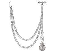 DerMacht Single Albert Pocket Watch Chain T-Bar with Hollow Round Lantern Design Silver