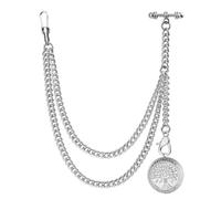 DerMacht Single Albert Pocket Watch Chain T-Bar with Silver/Golden Carving Design of Locket Pendant, 5.Silver Carving Design of Trees Locket Pendant, Classic