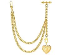 DerMacht Single Albert Pocket Watch Chain T-Bar with with Grid Case Locket Essential Oil Diffuser Pendant, 12.Gold Heart-Shaped Locket Pendant