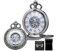 DerMacht Skeleton Pocket Watches Mechanical Roman Numerals Dial with Box and Chains for Mens Women, Ak.Sun-God-Bird, Silver Blue