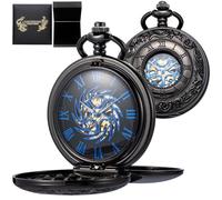 DerMacht Skeleton Pocket Watches Mechanical Roman Numerals Dial with Box and Chains for Mens Women, Ai.Sun-God-Bird, Black Blue
