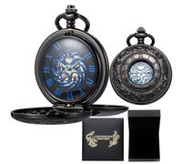 DerMacht Skeleton Pocket Watches Mechanical Roman Numerals Dial with Box and Chains for Mens Women, Ai.Sun-God-Bird, Black Blue