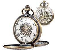 DerMacht Skeleton Pocket Watches Mechanical Roman Numerals Dial with Box and Chains for Mens Women, Bd. Industrial-Sun & Bird, Bronze White