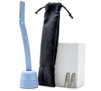Dermaplaning Kit for Facial Hair Removal, Exfoliation & Eyebrow Shaper - FFS Beauty Metal Dermaplaning Tool w/ 2x Dermaplaning Blades for Face, Derma Blade Cover, Stand, Travel Pouch & Guide - Blue