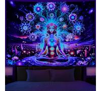 Dermijer Blacklight Chakra Yoga Meditation Tapestry - Flower Chakra Galaxy Space Planet Tapestry UV Reactive Lotus Spiritual Wall Hanging for Home Decor - L59.1×W51.2