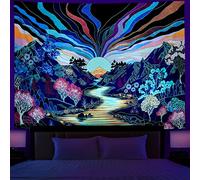 Dermijer Blacklight Forest Mountain Tapestry Sun Tapestry UV Reactive Retro Landscape Wall Tapestries Black Light Watercolor Flower Trees Wall Art Tapestries Wall Hanging for Home Decor L92.5×W70.8