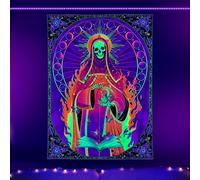Dermijer Blacklight Skull UV Reactive Santa Muerte Art MoonPhase Flower Skeleton Tapestry for Room H92.5 W70.8
