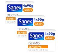 Dermo Sensitive Soap Bar Bundle - with 12 x 90g Sanex Hypoallergenic Soap Bars for Sensitive Skin - Hand Wash Face & Body Soap Bar - Skin Friendly Soap Alternative to Shower Gel