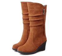 Dernolsea Ladies Faux Suede Pixie Mid Calf Boots - Chunky Wedge Heeled Slouch Boots for Women with Pull On & Zip Detail Tan Size 4