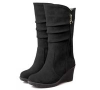 Dernolsea Ladies Faux Suede Pixie Mid Calf Boots - Chunky Wedge Heeled Slouch Boots for Women with Pull On & Zip Detail Black 4 UK