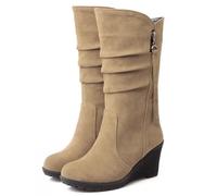 Dernolsea Ladies Faux Suede Pixie Mid Calf Boots - Chunky Wedge Heeled Slouch Boots for Women with Pull On & Zip Detail Beige Size 5