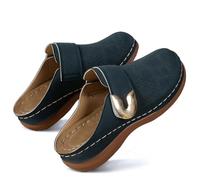 Dernolsea Leather Clogs for Women, Ladies Caged Closed Toe Low Wedge Mules Sandals Backless Slip On Loafers Navy Blue Size 6