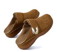 Dernolsea Leather Clogs for Women, Ladies Caged Closed Toe Low Wedge Mules Sandals Backless Slip On Loafers Tan Brown Size 5