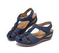 Dernolsea Women Orthopedic Sandals Roman Caged Strappy Closed Toe Ladies Platform Wedge Ankle Strap Shoes Navy Blue Size 5