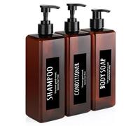 DEROANBOTTSet of 3 Shampoo and Conditioner Containers, Reusable Bathroom Body Wash Dispenser Set, Empty Plastic Shampoo Bottles Refillable with Pump for Shower Soap (Black bottle) (Tawny)