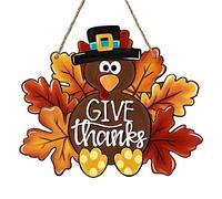 Deroro Give Thanks Sign Turkey Front Door Decor Thanksgiving Day Wood Door Hanger, Fall Wooden Thankful Wreath Hanging Decoration for Outdoor Outside Porch