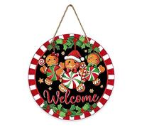 Deroro Welcome Christmas Gingerbread Man Front Door Sign, Xmas Peppermint Candy Wood Door Hanger Outdoor Outside Porch Decor, Stripes Holly Berry Holiday Wooden Wreath Indoor Wall Hanging Decoration