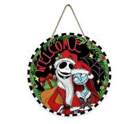 Deroro Welcome Christmas Jack Front Door Sign, Sally Xmas Gift Wood Door Hanger Outdoor Outside Porch Decor, Funny Holiday Wooden Wreath Indoor Wall Hanging Decoration