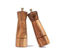 DeroTeno Salt and Pepper Mill Set, Adjustable Ceramic Grinder Salt Mill, Stainless Steel Grinder Pepper Mill, Acacia Wood, 16.5 cm Height, Bottom Dia 5 cm (Tray is NOT Included)
