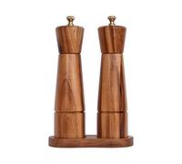 DeroTeno Salt and Pepper Mill Set with Tray, Adjustable Ceramic Grinder Salt Mill, Stainless Steel Grinder Pepper Mill, Acacia Wood, 22 cm Height, Bottom Dia 5.5 cm (Tray is Included)