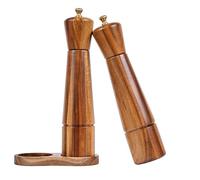DeroTeno Salt and Pepper Mill Set with Tray, Adjustable Ceramic Grinder Salt Mill, Stainless Steel Grinder Pepper Mill, Acacia Wood, 27 cm Height, Bottom Dia 6 cm (Tray is Included)