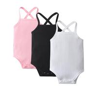 Derouetkia Infant Baby Girl Summer Suspender Rompers Tank Tops Sleeveless Solid Colour 3Pcs, Pink+White+Black, 6-9 Months