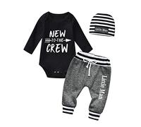 Derouetkia Newborn Baby Boy Clothes Letter Print New to The Crew Romper + Little Man Pants + Hat 3Pcs Outfit, Black, 6-9 Months