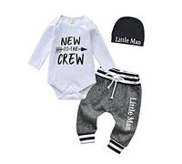 Derouetkia Newborn Baby Boy Clothes Letter Print New to The Crew Romper + Little Man Pants + Hat 3Pcs Outfit, White, 6-9 Months