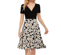 Derssity V Neck Summer Casual Dresses for Women Short Sleeve Elegant A-Line Wrap Dress Knee Length(B/BJH,L)