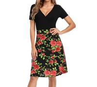 Derssity V Neck Summer Casual Dresses for Women Short Sleeve Elegant A-Line Wrap Dress Knee Length(B/HH,L)