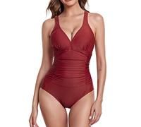Derssity Women One Piece Swimsuit Tummy Control Swimming Costume Ruched Plus Size Swimwear Bikini Bathing Suit S,Wine-OZ