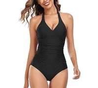 Derssity Women's Halter V Neck One Piece Swimsuit Ruched Tummy Control Bathing Suits Push Up Padded Swimwear Plus Size(B,S) Black
