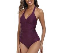 Derssity Women's Halter V Neck One Piece Swimsuit Ruched Tummy Control Bathing Suits Push Up Padded Swimwear Plus Size(P,S) Purple
