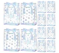 DERTE 24 Pcs Christmas Clear Gift Bags Transparent PVC Snowflake Pine Tree Treat Bags with Handles 2 Rolls Iridescent White Organza Ribbon for Xmas Party Favors Candy Cookies Holiday Gift Wrapping