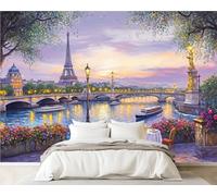 DERUINVAIO 3D Wall Mural 365x254cm Silk Wallpaper Flowers Bridge Paris Eiffel Tower Seine Photo Picture Wall Covering Murals Home Decorations for Bedrooms Living Room Posters (Non-Self-Adhesive)