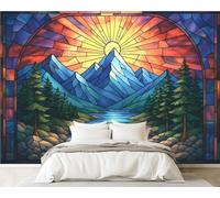 DERUINVAIO 3D Wall Mural 365x254cm Silk Wallpaper Stained Glass Mountain Landscape Photo Picture Wall Covering Murals Home Decorations for Bedrooms Living Room Posters (Non-Self-Adhesive)