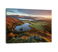 DERUINVAIO Canvas Wall Art 30X40cm Framed Prints Beautiful Autumn Sunrise Looking Towards View Lake Artwork Modern Abstract Wall Decoration Pictures Painting For Bedroom, Living Room Walls