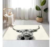 DERUINVAIO Large Cotton Boho Area Rugs Highland cow Scotland Washable Hessian Bohemian Throw Tassel Printed Woven Rug Carpet for Bedroom, Living Room, Bathroom