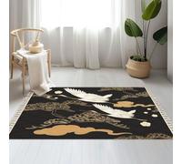 DERUINVAIO Large Cotton Boho Area Rugs Japanese seamless crane birds elements Asian Washable Hessian Bohemian Throw Tassel Printed Woven Rug Carpet for Bedroom, Living Room, Bathroom