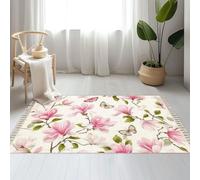 DERUINVAIO Large Cotton Boho Area Rugs Magnolia watercolor floral seamless Washable Hessian Bohemian Throw Tassel Printed Woven Rug Carpet for Kids Bedroom Living Room Bathroom