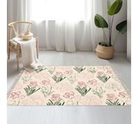 DERUINVAIO Large Cotton Boho Area Rugs Pretty wildflower seamless Pink green meadow flower Washable Hessian Bohemian Throw Tassel Printed Woven Rug Carpet for Kids Bedroom Living Room Bathroom